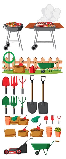 Vector elementos de jardín para plantar bolsas, ollas, cortadoras de césped, carretillas