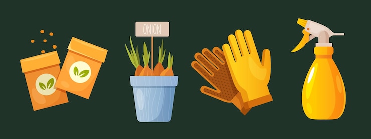 Vector los elementos de jardinería de primavera incluyen semillas paquete de semillas germinadas en guantes de olla botella de pulverización de agua