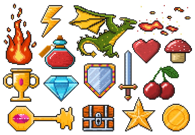 Elementos del juego de píxeles. Juegos ui elementos mágicos, fuego, trofeo, moneda, dragón y veneno.