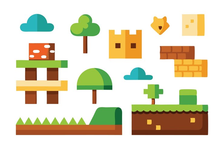 Vector elementos de juego de plataformas, niveles, elementos de construcción, árboles, ladrillos, casas, juegos de mesa, diseño, ilustración vectorial plana, fondo blanco.