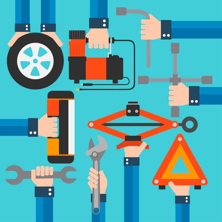 Vector elementos del kit de carretera de emergenciaherramientas mecánicas de automóviles diseño plano modernoilustración vectorial