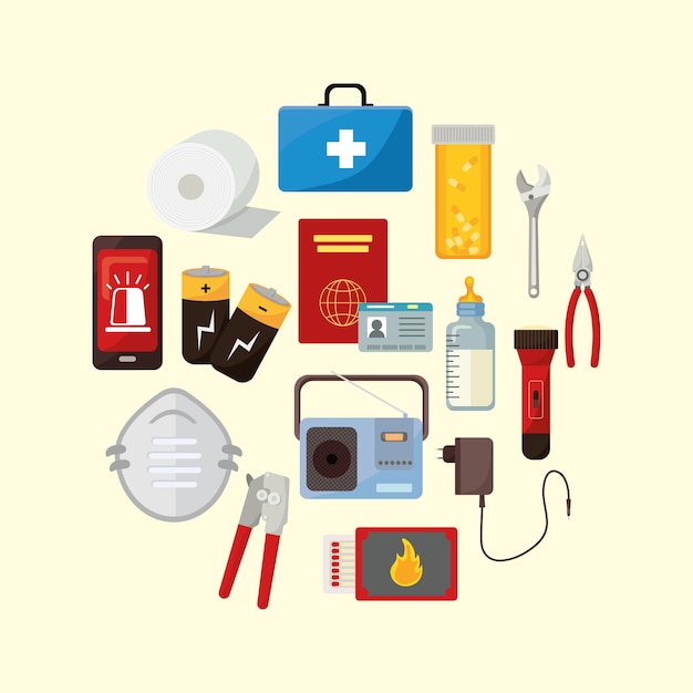 Elementos del kit de emergencia alrededor