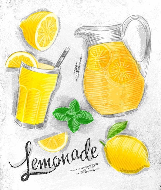 Elementos de limonada de vidrio, limón, jarra, limonada de menta.