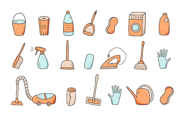 Elementos de limpieza de vector de estilo Doodle. Un conjunto de dibujos de productos y artículos de limpieza. Kit de lavado de habitaciones.