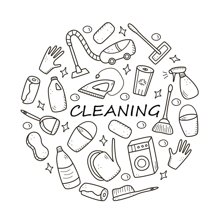 Elementos de limpieza de vector de estilo Doodle. Un conjunto de dibujos de productos y artículos de limpieza. Kit de lavado de habitaciones.