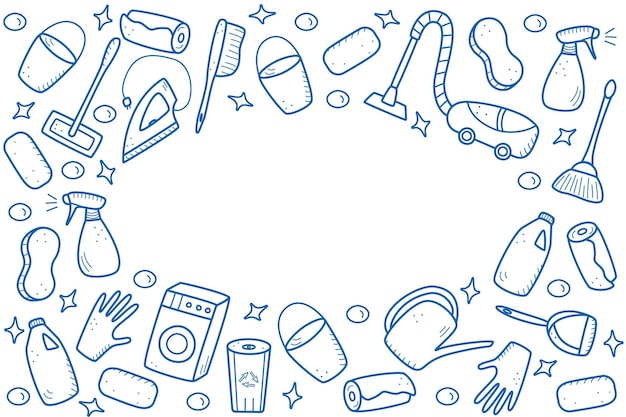 Vector elementos de limpieza de vectores de estilo doodle un conjunto de dibujos de productos y artículos de limpieza kit de lavado de habitaciones