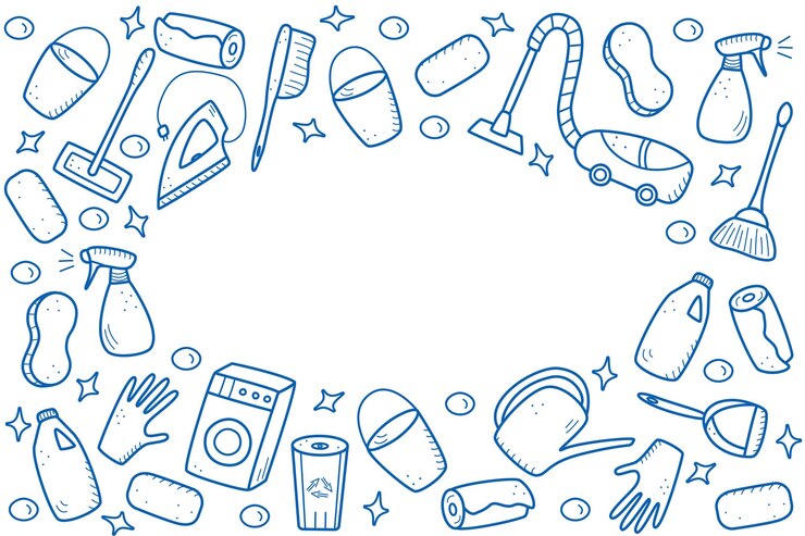 Elementos de limpieza de vectores de estilo Doodle Un conjunto de dibujos de productos y artículos de limpieza Kit de lavado de habitaciones