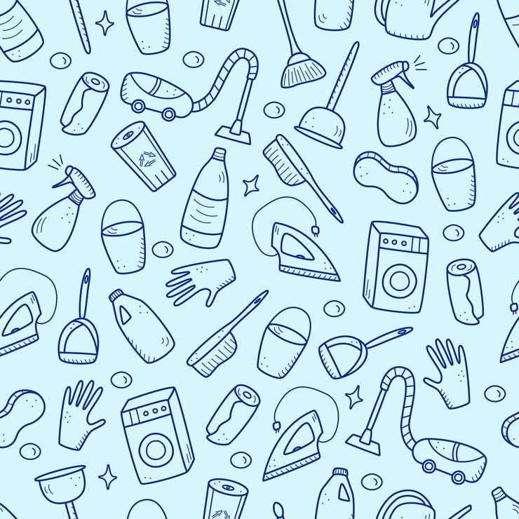 Elementos de limpieza de vectores de estilo Doodle de patrones sin fisuras Un conjunto de dibujos de productos y artículos de limpieza Kit de lavado de habitaciones