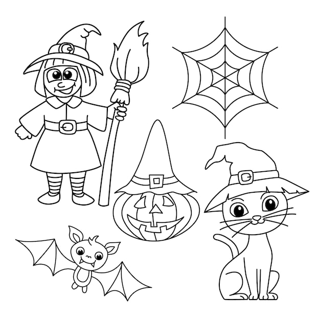 Elementos lindos para dibujos animados de halloween para colorear vector de ilustración de página Para niños libro para colorear