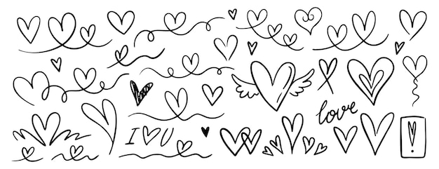 Elementos de línea de corazón dibujados a mano, contorno de líneas de amor, vector aislado, vector de colección de clip art
