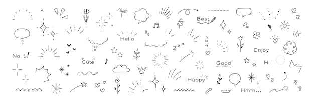Los elementos de la línea de Doodle de la pluma brillante de la estrella de acento del corazón