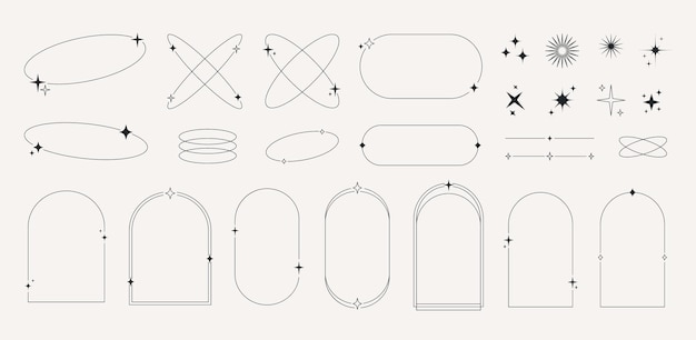 Vector elementos de línea estéticos minimalistas modernos marcos lineales de moda marcos de arco de estrellas formas geométricas