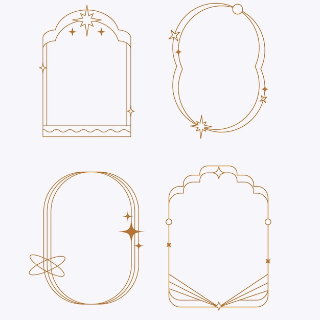 Los elementos de línea de moda establecen marcos minimalistas y bordes con estrellas brillantes ovales estéticos diferentes