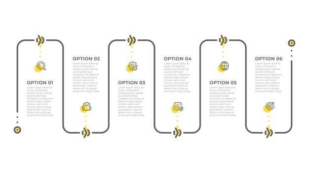 Elementos de la línea de tiempo para el concepto gráfico de información con 6 opciones