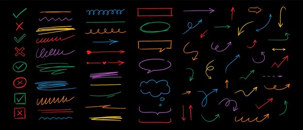 Elementos de líneas diferentes dibujados a mano flechas de estilo boceto de Doodle garabateos burbujas de habla subrayos