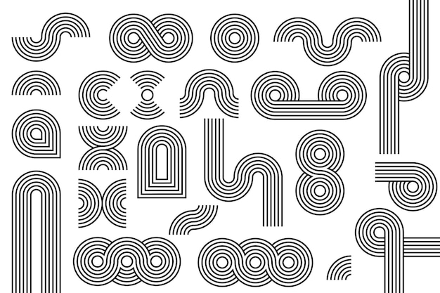 Elementos de líneas geométricas abstractas conjuntos de formas de mediados de siglo Diseño de figuras contemporáneas círculo arco onda icono retro amanecer trazo editable ilustración vectorial