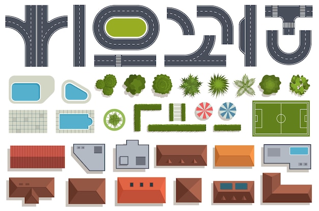 Elementos del mapa de la calle vista desde arriba Paisaje de la ciudad Objetos planos carreteras segmentos casas techos piscinas arbustos y árboles estadio Colección de kit de montaje conjunto aislado vectorial actual