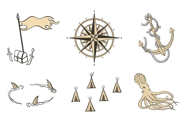 Elementos del mapa pirata de la isla de dibujos animados Símbolos dibujados a mano en estilo grabado de ilustración vectorial aislado sobre fondo blanco
