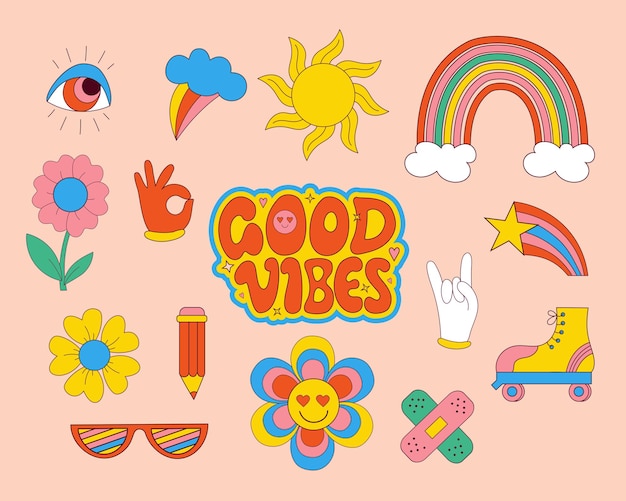 Elementos maravillosos retro de los años 70 Lindas pegatinas hippy funky y letras de Good vibes psychedelic clipart