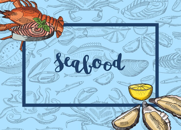 Vector elementos de mariscos dibujados a mano incorners