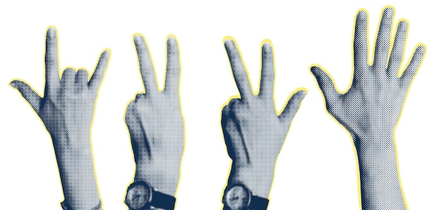Elementos de medio tono de collage de moda con gestos de mano formas recortadas Símbolo gana como punk Fondo blanco aislado Concepto de protesta confrontación lucha huelga victoria Ilustración vectorial