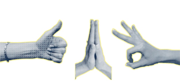 Elementos de medio tono de collage de moda con gestos de mano formas recortadas Símbolo gana como punk Fondo blanco aislado Concepto de protesta confrontación lucha huelga victoria Ilustración vectorial
