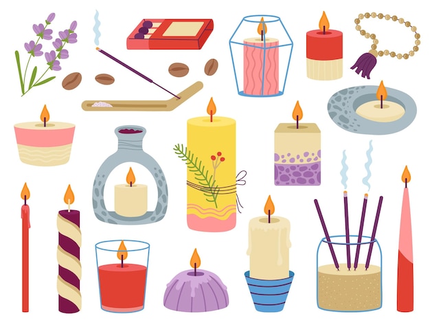 Vector elementos de meditación y velas clipart de velas aromaterapia casera para relajarse herramientas de relajación de yoga con palo de aroma estilo de vida acogedor colección de vectores decentes de aromaterapia con fuego de velas