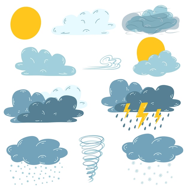 Elementos meteorológicos dibujados a mano de dibujos animados Ilustración vectorial del pronóstico del tiempo fenómenos naturales como sol nubes tormenta nieve lluvia