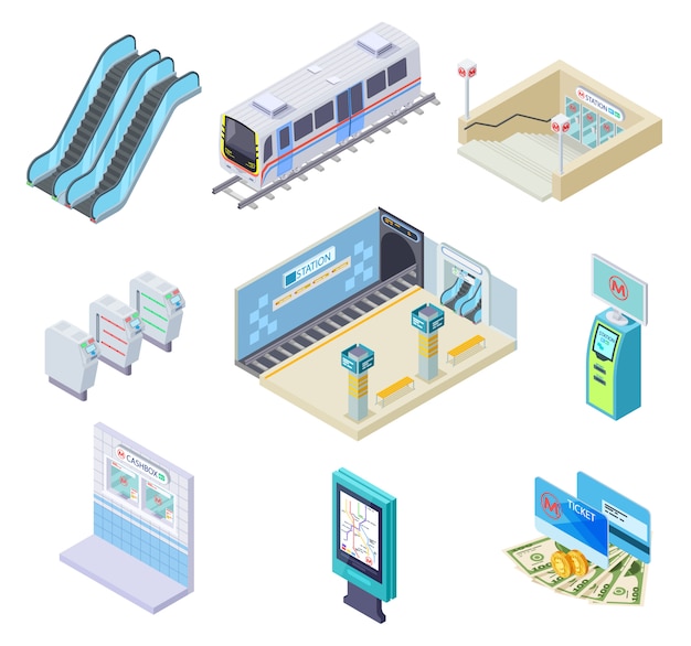 Elementos de metro isométricos. Metro, plataforma de la estación y escaleras mecánicas, torniquete y túnel subterráneo. Colección de metro 3d