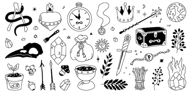 Elementos místicos Símbolos de fideos mágicos esotéricos alquimia y tatuaje de brujería Conjunto de vectores