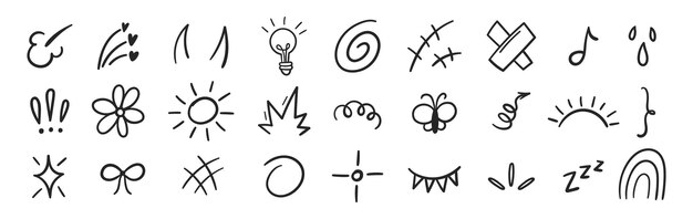 Elementos de movimiento de líneas flechas de estrellas e íconos de dibujos animados dibujados a mano Ilustración vectorial de contorno