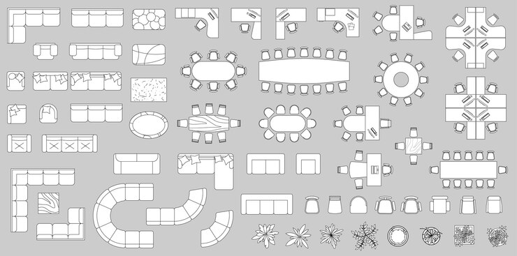 Vector elementos de muebles vista superior para el plan de oficina casa apartamento espacio de trabajo vector conjunto de objetos colección de iconos interiores kit con mesa silla sofá planta símbolo para proyecto de diseño de interiores