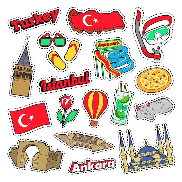 Elementos nacionales de turquía con arquitectura y bandera. vector doodle