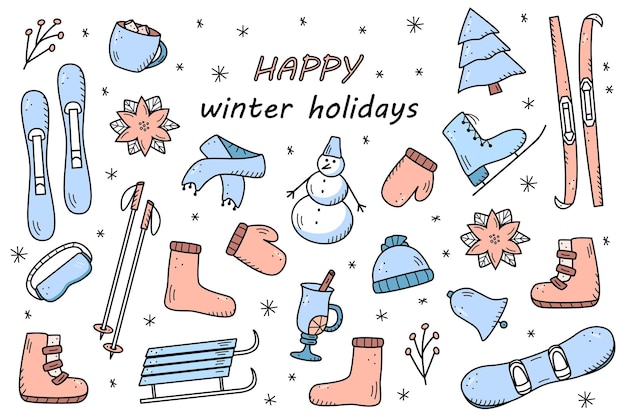 Elementos de Navidad y año nuevo en el estilo de dibujo. Ilustración de vector de ropa de invierno, equipamiento deportivo, abeto, alimentos y bebidas. Iconos de vacaciones de invierno.