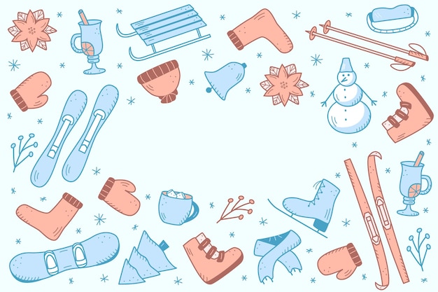 Elementos de Navidad y año nuevo en el estilo de dibujo. Ilustración de vector de ropa de invierno, equipamiento deportivo, abeto, alimentos y bebidas. Iconos de vacaciones de invierno.