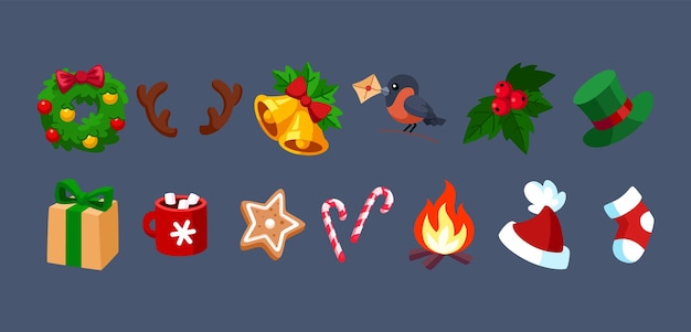 Elementos de Navidad de vacaciones corona de dibujos animados bullfinch con carta y caja de regalos dulces de fuego y campanas doradas vector xmas sombrero y calcetín de Santa Ilustración de las vacaciones de invierno de Navidad