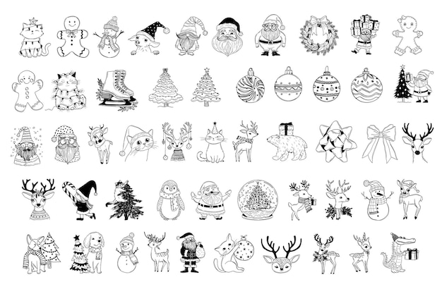 Elementos navideños en blanco y negro dibujados a mano con el hombre de pan de jengibre y el globo de nieve de Papá Noel