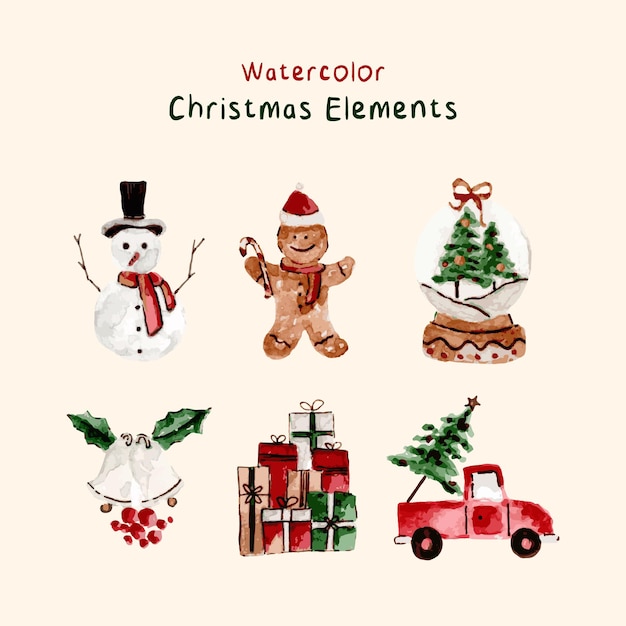 Elementos navideños dibujados a mano acuarela clip art
