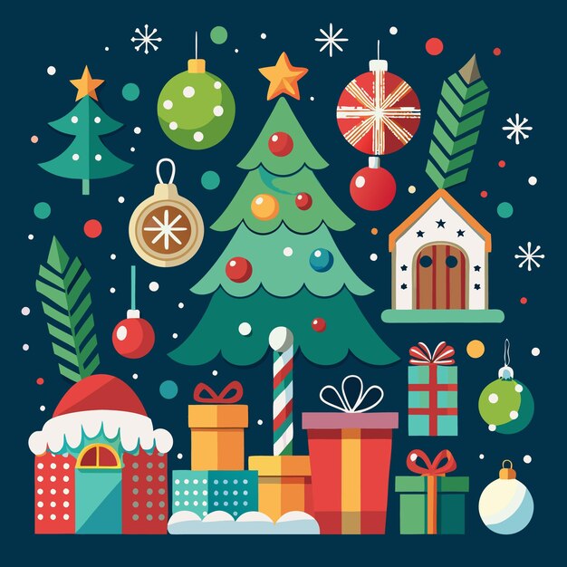 Elementos navideños festivos que incluyen un árbol de Navidad decorado, regalos de adornos y una casa nevada