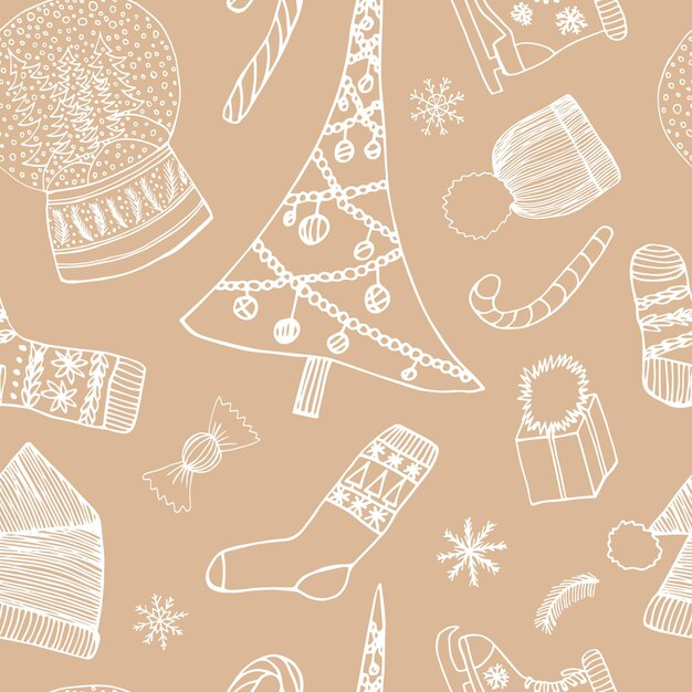 Elementos navideños de patrones sin fisuras Elementos festivos vectoriales dibujados a mano Árbol de Navidad calcetines bola de cristal piruletas sombreros bastón de caramelo patín de hielo