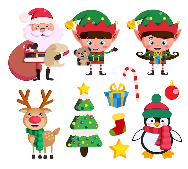 Vector elementos navideños y personajes vectoriales como elfo de santa claus y renos con elementos navideños