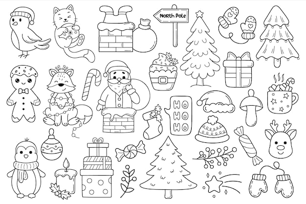 Elementos navideños vector doodle conjunto aislado en un fondo blanco Colección de elementos navideños