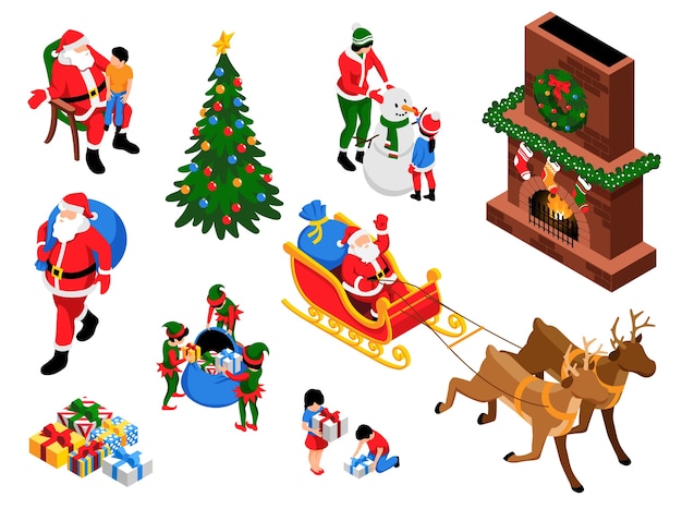 Elementos navideños en vista isométrica