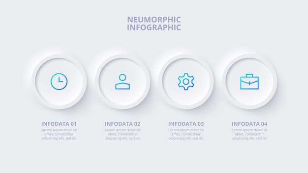 Elementos neumórficos para plantilla infográfica para presentación de diagramas y gráficos Concepto de Skeuomorph con 4 opciones, partes, pasos o procesos