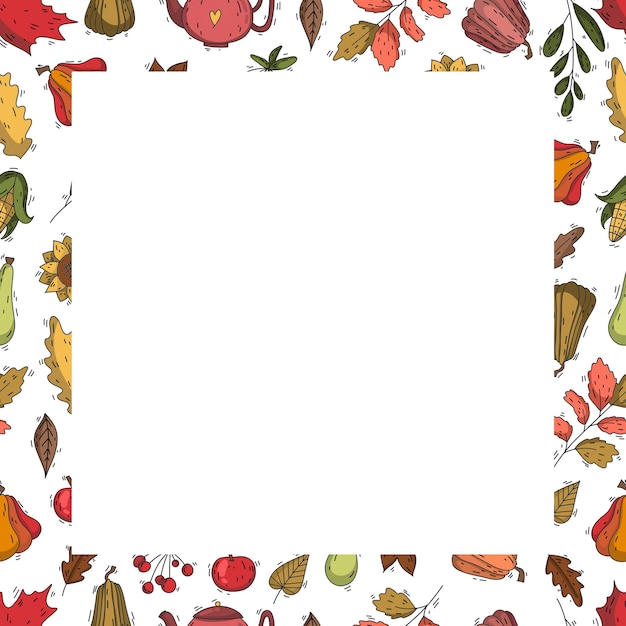 Elementos otoñales enmarcan una gran plantilla o postal de invitación de acción de gracias de gor. Utilice esta acogedora licencia de otoño, girasoles, calabaza de arce y muchas más ilustraciones para su hermoso diseño.