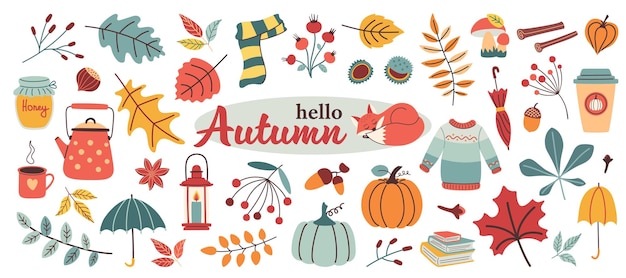 Elementos de otoño configurados en diseño plano Colección vectorial de ilustraciones lindas en estilo de moda