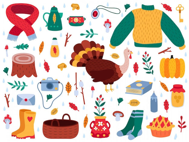 Elementos de otoño. otoño de dibujos animados hygge acogedor suéter, botas, hojas de otoño, setas, calabaza y conjunto de ilustraciones de pavo. colección naturaleza caída hoja, cámara y elementos.