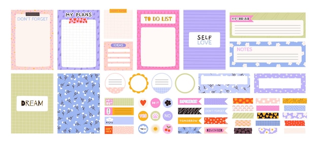 Elementos páginas de diario y colección de pegatinas divertidas Los niños organizan tarjetas portadas de cuadernos y cintas washi Pads pegajosos para el nombre Diario personal racy Conjunto vectorial de cuadernos de notas Ilustración