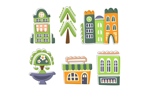 Elementos del paisaje de la ciudad bonitos conjunto de la ciudad casas residenciales edificios públicos árboles ilustración vectorial dibujada a mano