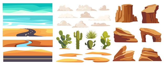 Elementos de paisaje del desierto constructor mega conjunto en diseño gráfico plano kit creador con espacios de arena y caminos del cielo dunas nubes verde actus rocas montañas clima seco ilustración vectorial